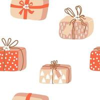 Christmas pattern - Gift boxes  with ribbon, beads, branches of spruce and tag. Vector background. Ideal for Happy New Year cards, flyers, posters.