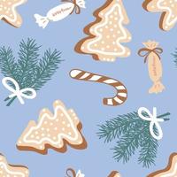 Christmas pattern. Vector backgrounds with brahches of spruce, candy and gingerbread. Ideal for design of fabric, cards, wrapping paper for Happy New year