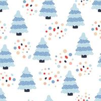 Christmas pattern. Vector background with blue spruce and confetti. Ideal for design of fabric, cards, wrapping paper for Happy New year