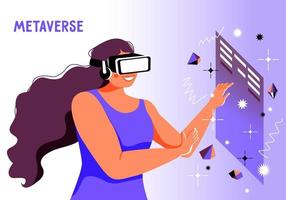 Woman use VR glasses with enjoyment. Girl wearing 3d goggles or headsets in augmented reality playing game,  engaged in education on virtual screen. Modern entertainment. Vector illustration