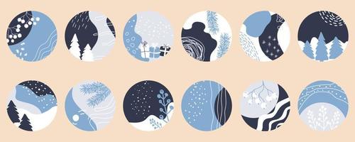 tema de invierno conjunto de 12 rondas vectoriales abstractas para instagram. paquete de plantillas para íconos de portadas de historias destacadas. nieve, ramas de abeto, bayas.