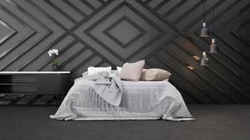 3D rendering Dark Modern Bedroom With Geometric Wallpaper photo