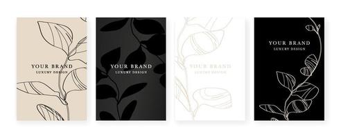 Floral cover, frame design set with gold leaves on black background. Luxury premium background pattern for menu, elite summer sale, luxe invite template, luxury voucher vector