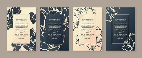 Luxury design on blue and gold background, frame design set with gold flower pattern. Luxury premium background pattern for menu, elite sale, luxe invite template, luxury voucher. vector