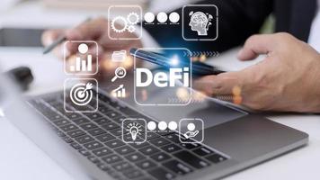 DeFi Decentralized Finance. Technology blockchain cryptocurrency concept photo