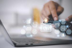 Fingerprint scanning and biometric authentication. system for document management DMS software that automates the archiving and management of data files. concept of Internet technology. photo