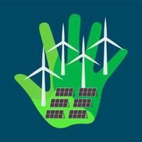 icon, sticker, button on the theme of saving and renewable energy with palm, wind turbine and solar panel vector