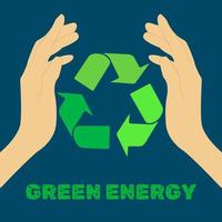 icon, sticker, button on the theme of saving earth with hands holding icon renewable ant text Green energy on blue background vector