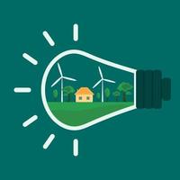 icon, sticker, button on the theme of saving and renewable energy with landscape with house, trees, clouds, wind turbines inside bulb. vector