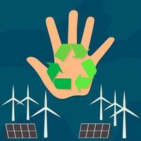 icon, sticker, button on the theme of saving and renewable energy with palm, wind turbine and solar panel vector