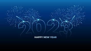 Happy new year 2023 line design with fireworks background vector