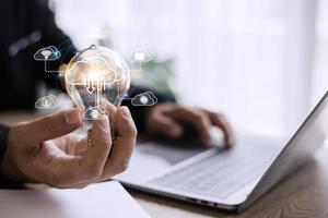 Icon cloud computing network and icon connection data information. Cloud computing and technology concept. photo