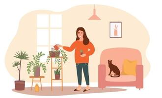 A woman takes care of indoor plants, flowers, waters, grows. Hobby home alone for a girl with a pet cat. Vector graphics.
