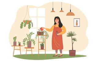 The florist girl takes care of the flowers, waters them and grows them. Hobby is taking care of indoor plants. Vector graphics.