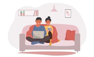 The couple is sitting on the sofa under a warm blanket with a laptop. A guy and a girl are resting at home. Vector graphics.