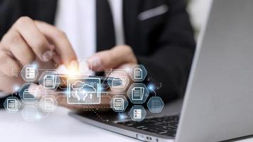 Fingerprint scanning and biometric authentication. system for document management DMS. software that automates the archiving and management of data files. concept of Internet technology. photo