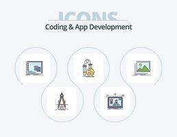 Coding And App Development Line Filled Icon Pack 5 Icon Design. information. analysis. pocket. document. coding vector