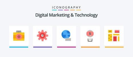 Digital Marketing And Technology Flat 5 Icon Pack Including feature. advertising. world. digital. dollar. Creative Icons Design vector