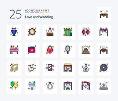 paquete de iconos llenos de 25 líneas de boda que incluye aretes. sorpresa. diamante. presente. caja vector