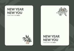 plantilla de tarjeta de regalo de año nuevo nuevo tú conjunto de palabras con elemento floral de planta de casa vector