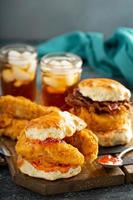 Breakfast biscuit sandwiches with fried chicken photo