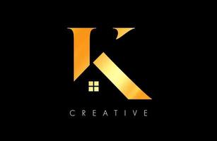 logotipo de concepto de letra k de bienes raíces de la casa dorada. vector de icono de letra k con forma creativa y diseño minimalista en negro y dorado