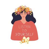 Hand drawn vector illustration. Girl with flowers in her head. Psychology and self-confidence, inner peace. Mental health priority.