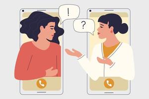 The girl comforts her friend on the phone and helps to find answers to life's questions. Counseling people who are stressed and depressed about online services. Online therapy concept. Vector
