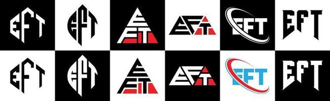 diseño de logotipo de letra eft en seis estilos. polígono izquierdo, círculo, triángulo, hexágono, estilo plano y simple con logotipo de letra de variación de color blanco y negro en una mesa de trabajo. eft logotipo minimalista y clásico vector