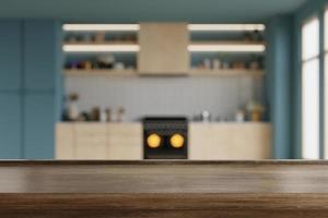 mesa de madera oscura en el fondo de la sala de cocina borrosa, interior moderno y contemporáneo de la sala de cocina. foto