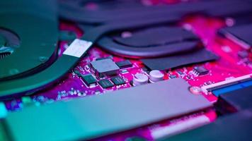 Circuit board with resistors microchips and electronic components. Computer hardware technology. Integrated communication processor. Information engineering. PCB. photo