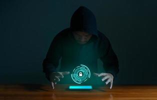 Hackers spy on cell phones. Concept of information security system in internet network and information espionage. photo