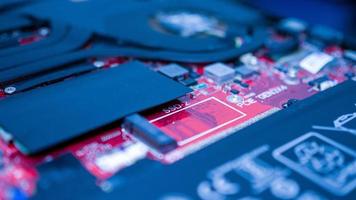 Circuit board with resistors microchips and electronic components. Computer hardware technology. Integrated communication processor. Information engineering. PCB. photo