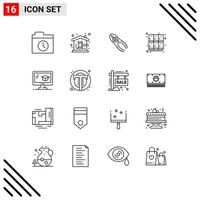 Mobile Interface Outline Set of 16 Pictograms of school locker pincers learning tool Editable Vector Design Elements