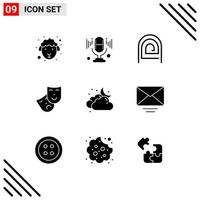 Modern Set of 9 Solid Glyphs Pictograph of moon cloud fingerprint theatre mask Editable Vector Design Elements