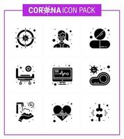 9 paquete de iconos covid19 de coronavirus negro de glifo sólido, como ruedas, ropa de cama, píldora de estrato, elementos de diseño de vector de enfermedad de coronavirus viral 2019nov
