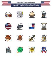 USA Happy Independence DayPictogram Set of 16 Simple Flat Filled Lines of flag states dessert limonade america Editable USA Day Vector Design Elements