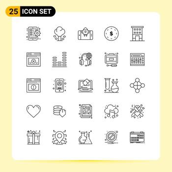 25 líneas universales establecidas para aplicaciones web y móviles que crean elementos de diseño de vectores editables para iniciar finanzas de árboles de marketing