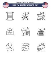 Modern Set of 9 Lines and symbols on USA Independence Day such as american drink buntings parade instrument Editable USA Day Vector Design Elements