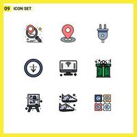 Modern Set of 9 Filledline Flat Colors Pictograph of internet interface plug import down Editable Vector Design Elements