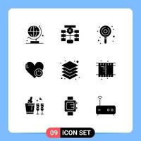 Group of 9 Solid Glyphs Signs and Symbols for layer heart candy switch shutdown Editable Vector Design Elements