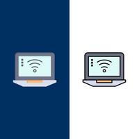 Laptop Computer Signal Wifi  Icons Flat and Line Filled Icon Set Vector Blue Background