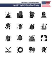 feliz día de la independencia 4 de julio conjunto de 16 glifos sólidos pictografía americana de la placa de jugo de policía de signo lápida editable elementos de diseño de vector de día de estados unidos