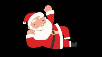 Happily Santa Claus smile while lying on floor and waving hand in Cartoon character animation, drawing the cute fat man with white beard wearing red clothes for New year festival concept with Alpha video