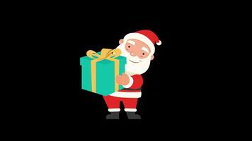 Happily Santa Claus smile and standing carry a present box in hand in Cartoon character animation, drawing the cute fat man with white beard wearing red clothes for New year festival concept Alpha video