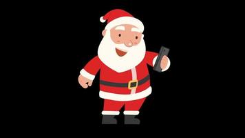 Lovely Santa Claus standing and use smartphone to selfie himself in Cartoon character animation, drawing the cute fat man with white beard wearing red clothes for New year festival concept with Alpha video