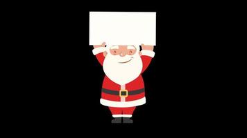 Lovely Santa Claus standing raising arms with mock up board in hands in Cartoon character animation, drawing the cute fat man with white beard wearing red clothes for New year festival concept Alpha video