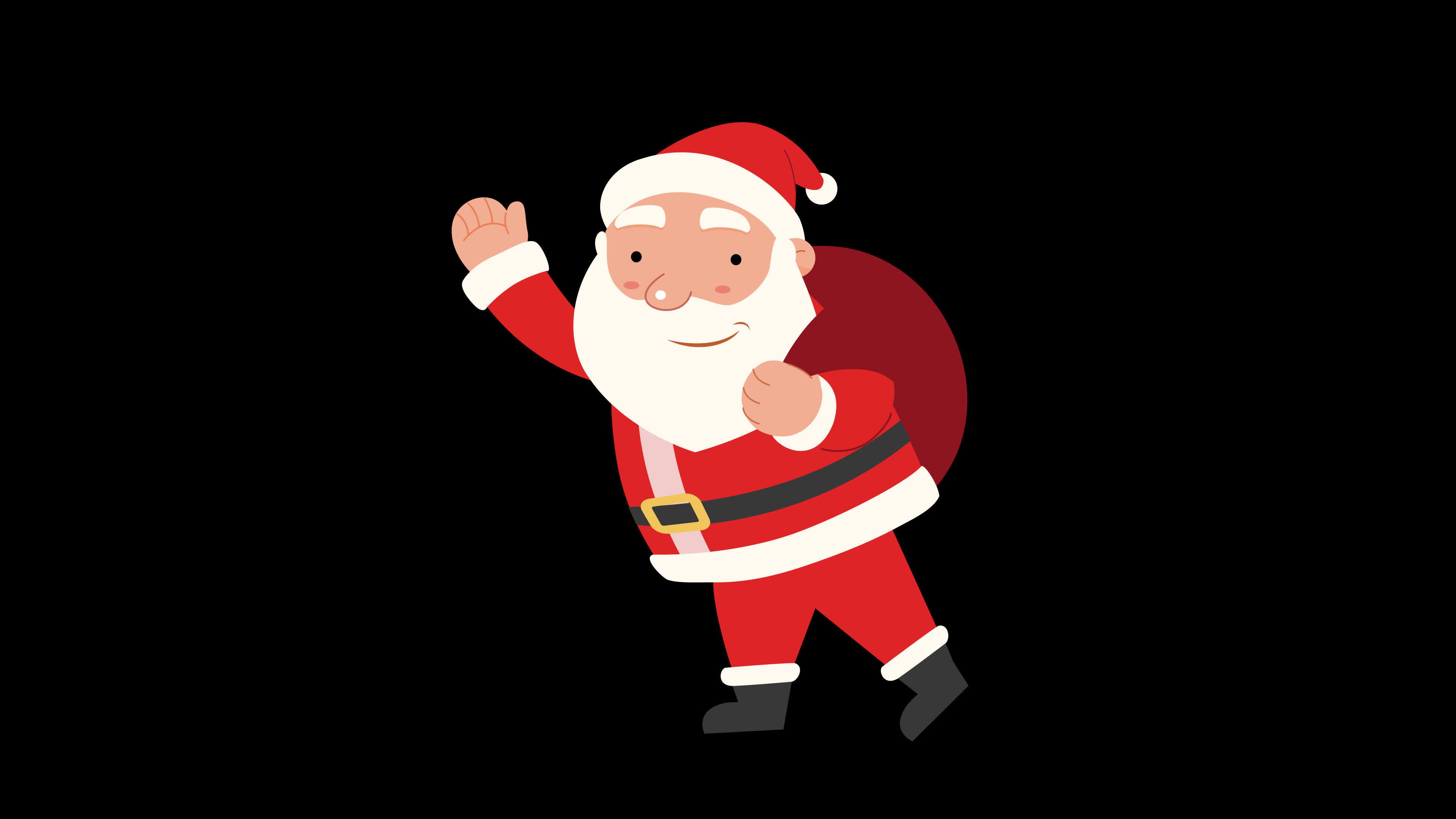 Cute Santa Claus carrying large gift bag on shoulder walking and wave his  hand in Cartoon character animation, drawing the fat man with white beard  wearing red clothes for New year festival