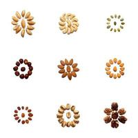 A collection of nuts made from almonds, walnuts, hazelnuts, pistachios, cashews lie in the shape of a circle or the sun on an isolated white background with a clipping path. Various nuts pattern photo