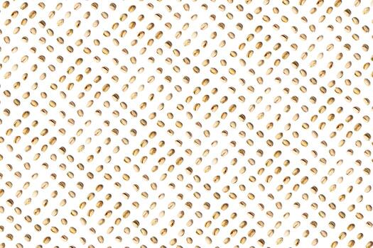 A collection of pistachio nuts lie in horizontal rows on an isolated white background. with clipping path. Pistachio pattern photo